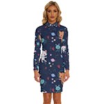 Cute Astronaut Cat With Star Galaxy Elements Seamless Pattern Long Sleeve Shirt Collar Bodycon Dress