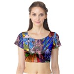 Beauty Stained Glass Castle Building Short Sleeve Crop Top