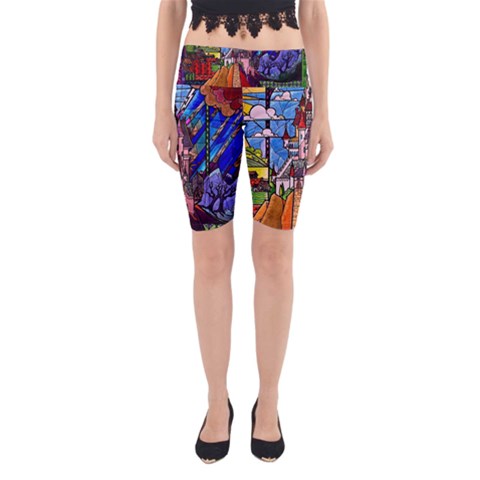 Beauty Stained Glass Castle Building Yoga Cropped Leggings from ArtsNow.com