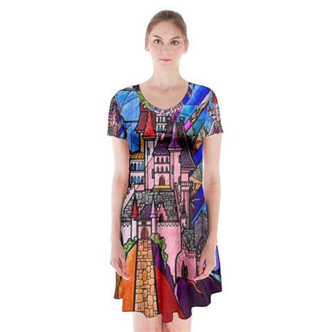 Beauty Stained Glass Castle Building Short Sleeve V