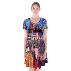 Beauty Stained Glass Castle Building Short Sleeve V