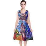Beauty Stained Glass Castle Building V-Neck Midi Sleeveless Dress 