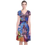 Beauty Stained Glass Castle Building Short Sleeve Front Wrap Dress