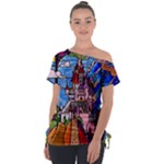 Beauty Stained Glass Castle Building Off Shoulder Tie-Up Tee