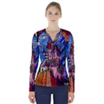 Beauty Stained Glass Castle Building V-Neck Long Sleeve Top