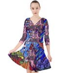 Beauty Stained Glass Castle Building Quarter Sleeve Front Wrap Dress