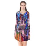 Beauty Stained Glass Castle Building Long Sleeve V-neck Flare Dress