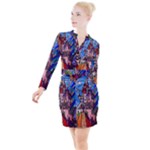 Beauty Stained Glass Castle Building Button Long Sleeve Dress
