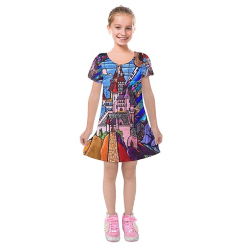 Beauty Stained Glass Castle Building Kids  Short Sleeve Velvet Dress from ArtsNow.com