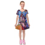 Beauty Stained Glass Castle Building Kids  Short Sleeve Velvet Dress