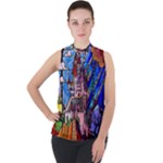 Beauty Stained Glass Castle Building Mock Neck Chiffon Sleeveless Top