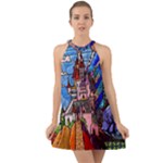 Beauty Stained Glass Castle Building Halter Tie Back Chiffon Dress