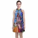 Beauty Stained Glass Castle Building Velvet Halter Neckline Dress 