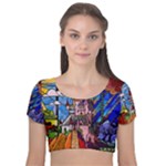 Beauty Stained Glass Castle Building Velvet Short Sleeve Crop Top 