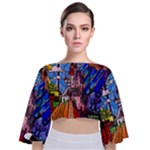 Beauty Stained Glass Castle Building Tie Back Butterfly Sleeve Chiffon Top
