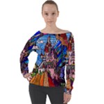 Beauty Stained Glass Castle Building Off Shoulder Long Sleeve Velour Top