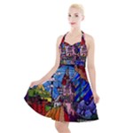 Beauty Stained Glass Castle Building Halter Party Swing Dress 