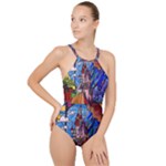 Beauty Stained Glass Castle Building High Neck One Piece Swimsuit