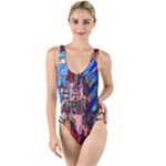Beauty Stained Glass Castle Building High Leg Strappy Swimsuit