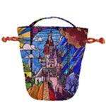 Beauty Stained Glass Castle Building Drawstring Bucket Bag