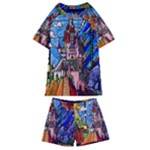 Beauty Stained Glass Castle Building Kids  Swim Tee and Shorts Set
