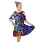 Beauty Stained Glass Castle Building Kids  Shoulder Cutout Chiffon Dress