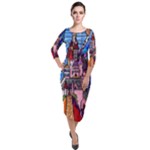 Beauty Stained Glass Castle Building Quarter Sleeve Midi Velour Bodycon Dress