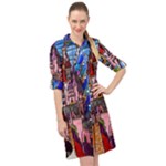 Beauty Stained Glass Castle Building Long Sleeve Mini Shirt Dress