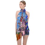 Beauty Stained Glass Castle Building Halter Asymmetric Satin Top