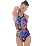 Beauty Stained Glass Castle Building Plunge Cut Halter Swimsuit