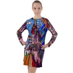 Beauty Stained Glass Castle Building Long Sleeve Hoodie Dress