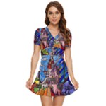 Beauty Stained Glass Castle Building V-Neck High Waist Chiffon Mini Dress
