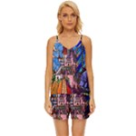 Beauty Stained Glass Castle Building V-Neck Satin Pajamas Set