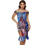 Beauty Stained Glass Castle Building Off Shoulder Ruffle Split Hem Bodycon Dress