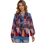 Beauty Stained Glass Castle Building Women s Long Sleeve Button Up Shirt