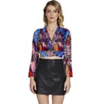 Beauty Stained Glass Castle Building Long Sleeve Tie Back Satin Wrap Top