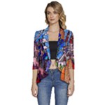 Beauty Stained Glass Castle Building Women s 3/4 Sleeve Ruffle Edge Open Front Jacket