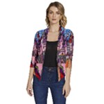 Beauty Stained Glass Castle Building Women s Draped Front 3/4 Sleeve Shawl Collar Jacket