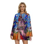Beauty Stained Glass Castle Building Round Neck Long Sleeve Bohemian Style Chiffon Mini Dress