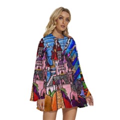 Round Neck Long Sleeve Bohemian Style Chiffon Mini Dress 