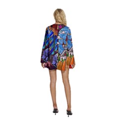Round Neck Long Sleeve Bohemian Style Chiffon Mini Dress 