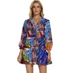 Beauty Stained Glass Castle Building V-Neck Placket Mini Dress