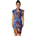 Beauty Stained Glass Castle Building Vintage Frill Sleeve V-Neck Bodycon Dress