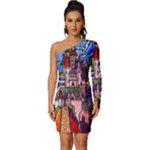 Beauty Stained Glass Castle Building Long Sleeve One Shoulder Mini Dress