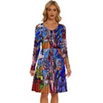 Beauty Stained Glass Castle Building Long Sleeve Dress With Pocket