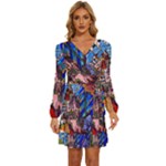 Beauty Stained Glass Castle Building Long Sleeve Waist Tie Ruffle Velvet Dress