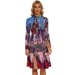 Beauty Stained Glass Castle Building Long Sleeve Shirt Collar A-Line Dress