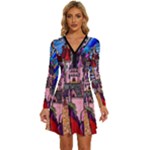 Beauty Stained Glass Castle Building Long Sleeve Deep V Mini Dress 