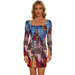 Beauty Stained Glass Castle Building Long Sleeve Square Neck Bodycon Velvet Dress