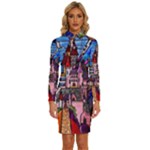 Beauty Stained Glass Castle Building Long Sleeve Shirt Collar Bodycon Dress